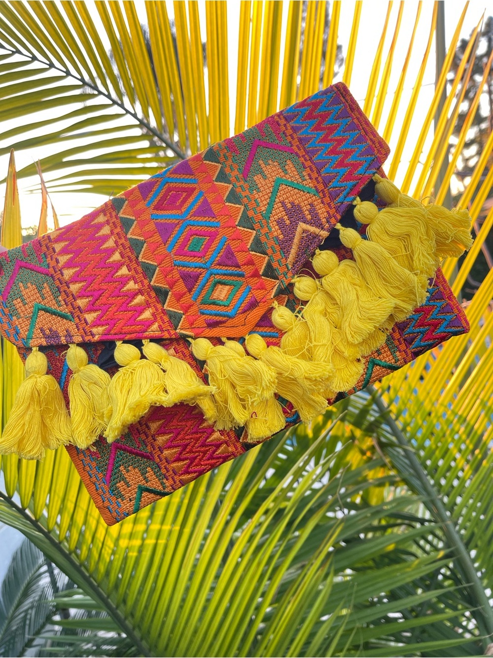Handmade Boho Embroidered Tassel Clutch – Yellow & Multicolor